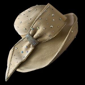 Mr. D Champagne Beige Ribbed Ribbon Wide Brim Hat with Rhinestones